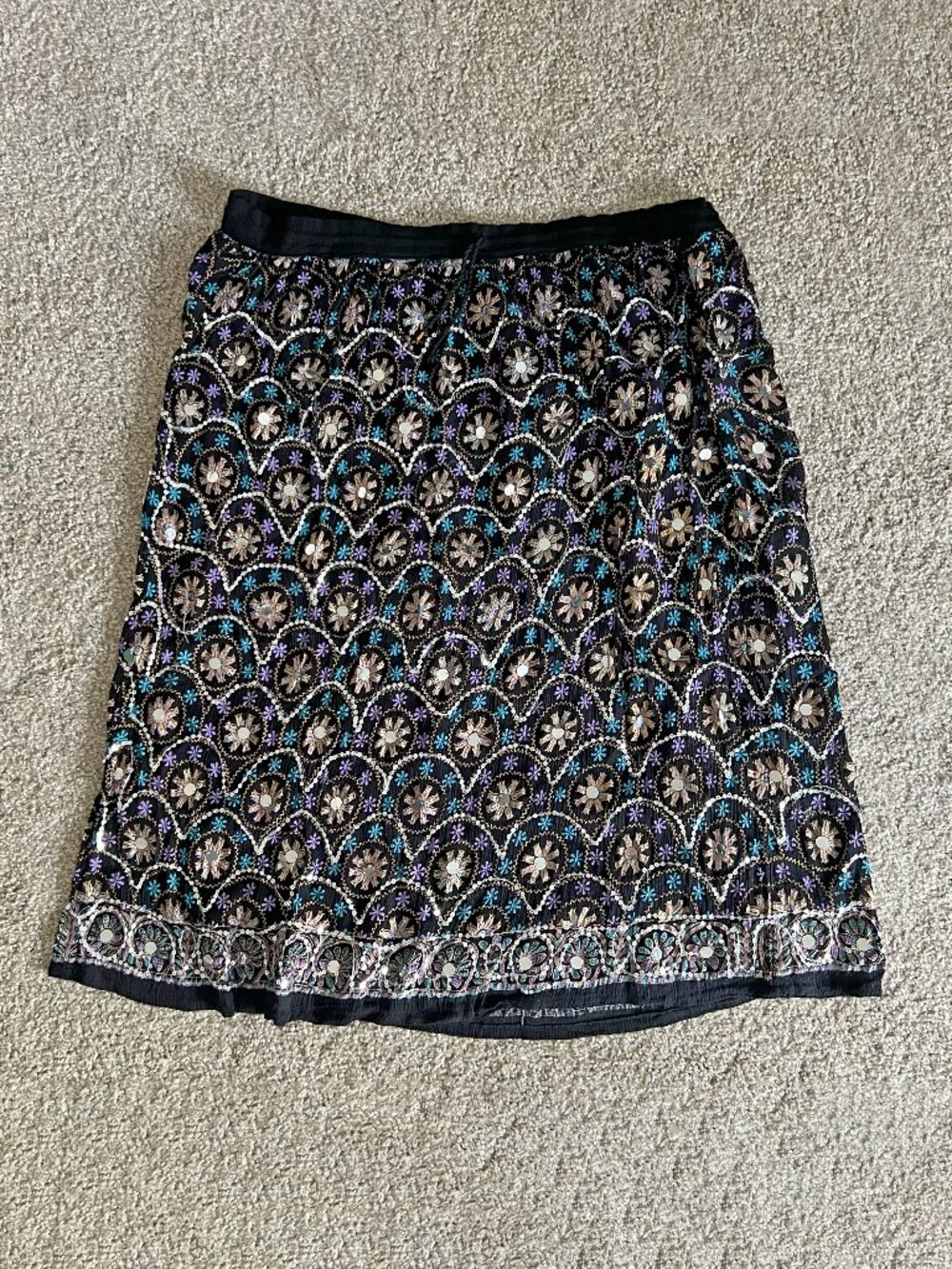Beaded Sequin Embroidered Esmerelda Boho Drawstring Waist Midi Skirt Size 2XL